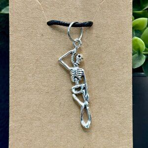 Skeleton in Noose Charm Necklace for Halloween. Creepy, Fun Silver Toned